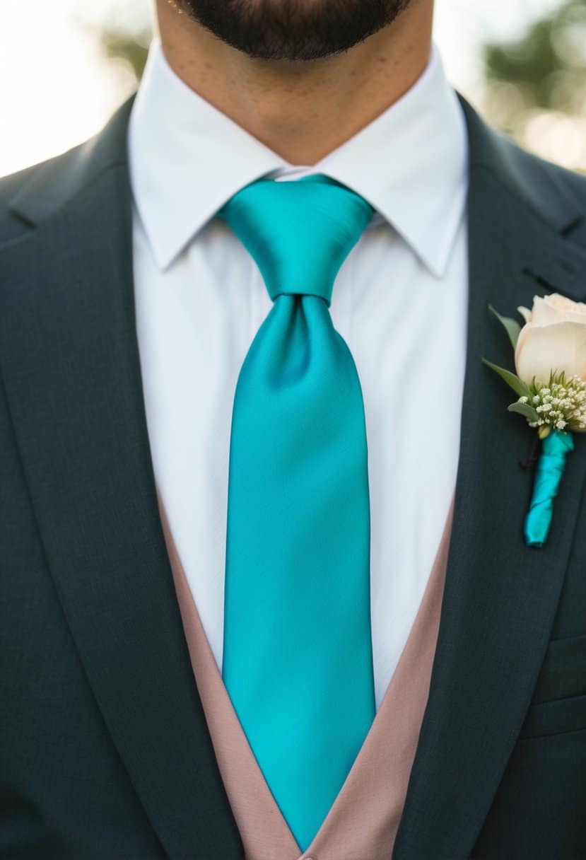 A tiffany blue groom's tie paired with dusty pink accents in a wedding setting