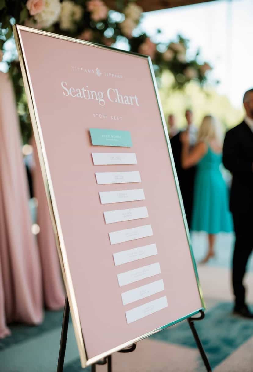 A dusty pink seating chart with tiffany blue accents