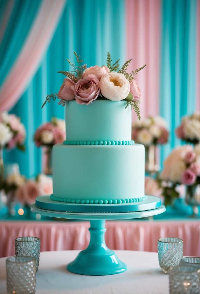 A tiffany blue cake stand adorned with dusty pink flowers and ribbons, set against a backdrop of tiffany blue and dusty pink wedding decor
