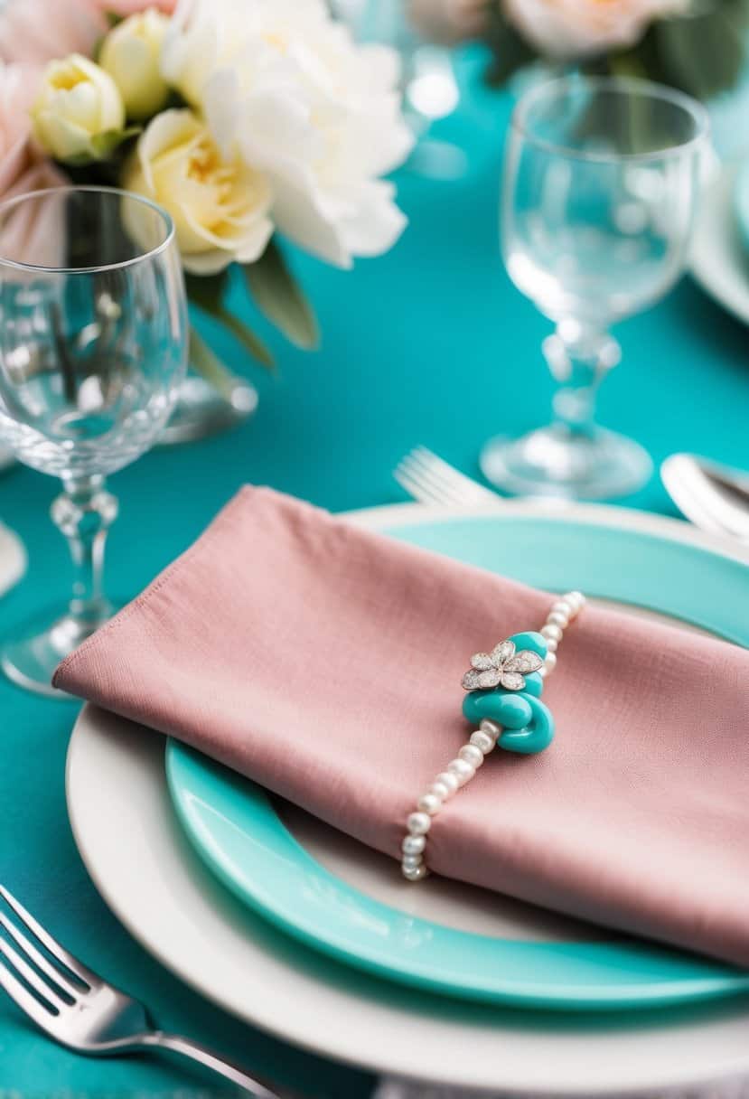 A table set with dusty pink napkins and tiffany blue accents