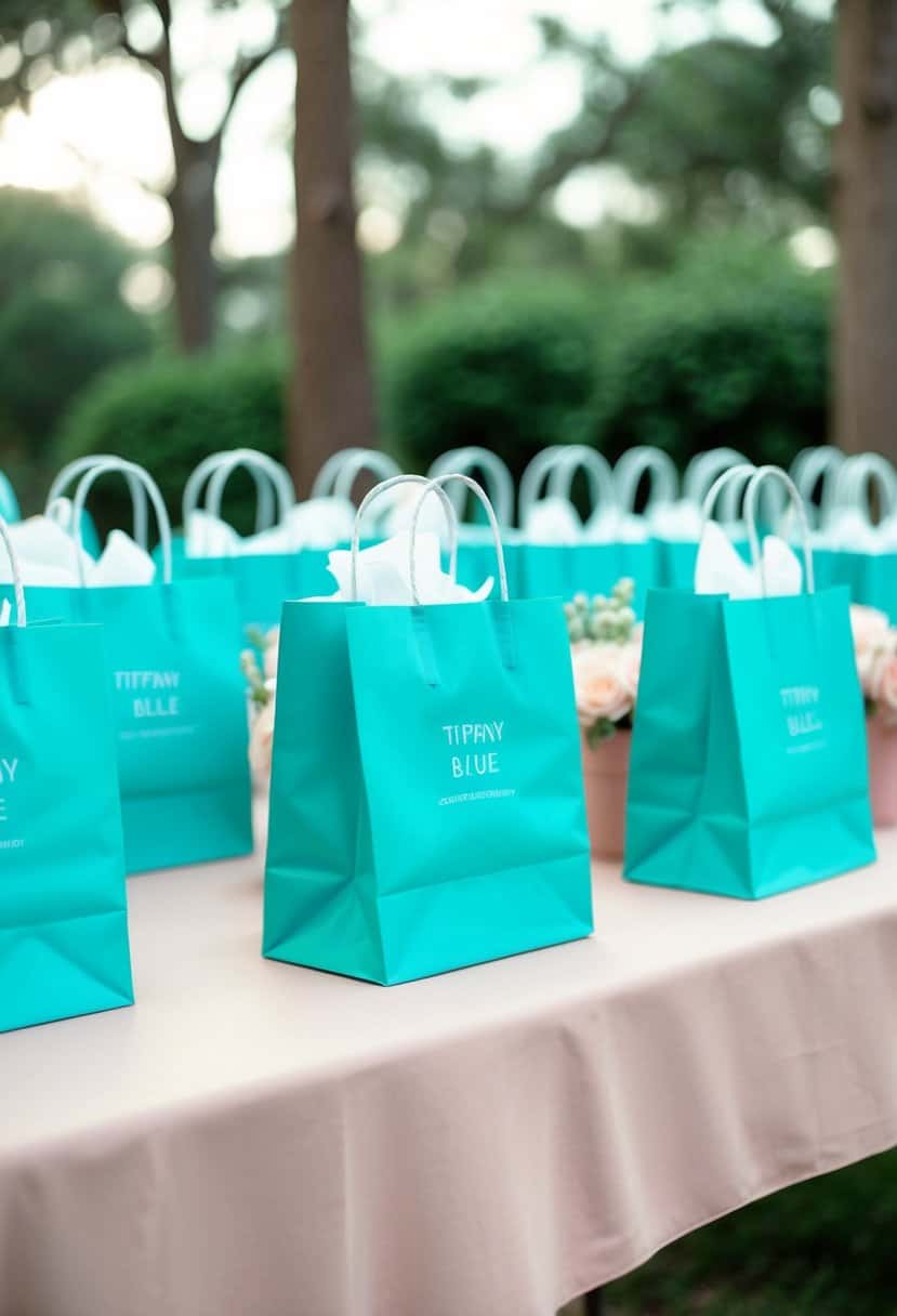 Tiffany blue gift bags and dusty pink wedding decor arranged on a table