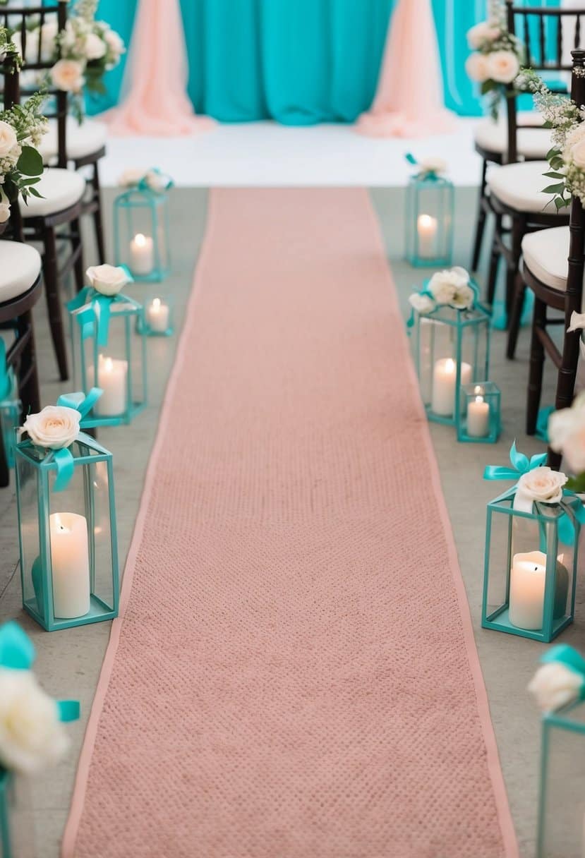 A dusty pink aisle runner leading to tiffany blue and dusty pink wedding decor
