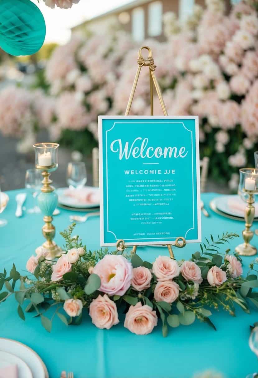 A tiffany blue welcome sign surrounded by dusty pink flowers and decor for a wedding color scheme illustration