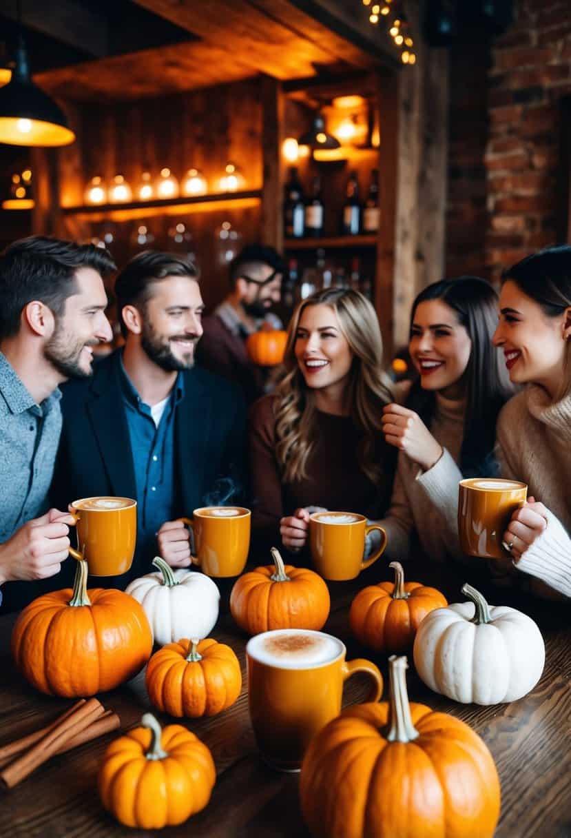 A cozy, rustic bar adorned with pumpkins, cinnamon sticks, and steaming mugs of pumpkin spice lattes. A group of friends gather around, chatting and laughing, enjoying the warm, autumnal atmosphere