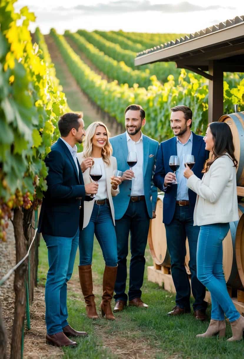A group of friends enjoys a vineyard tour, surrounded by rows of lush grapevines. They sample wine in a rustic tasting room with barrels and wine bottles on display