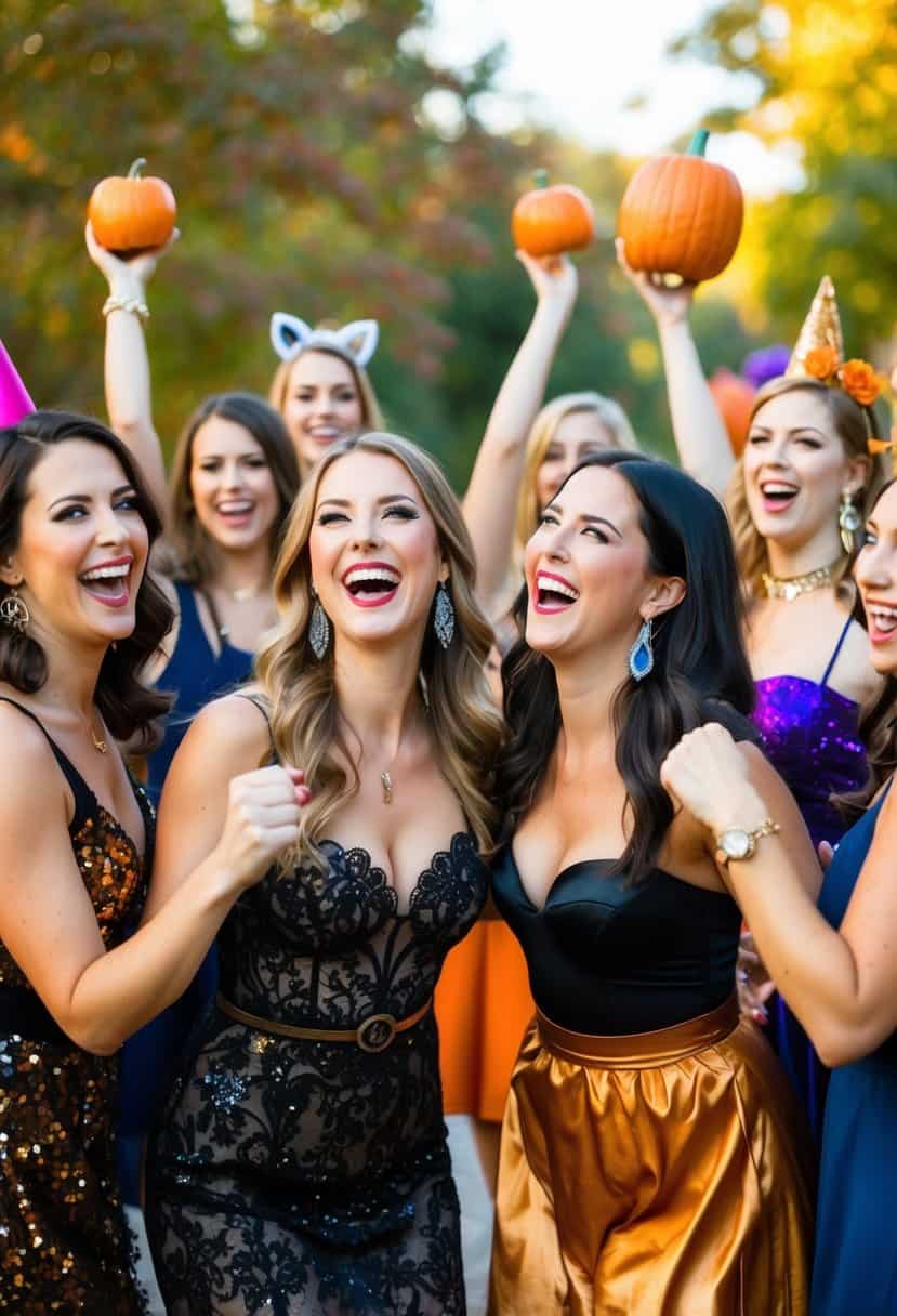 A group of women in Halloween costumes dance and laugh at a fall bachelorette party