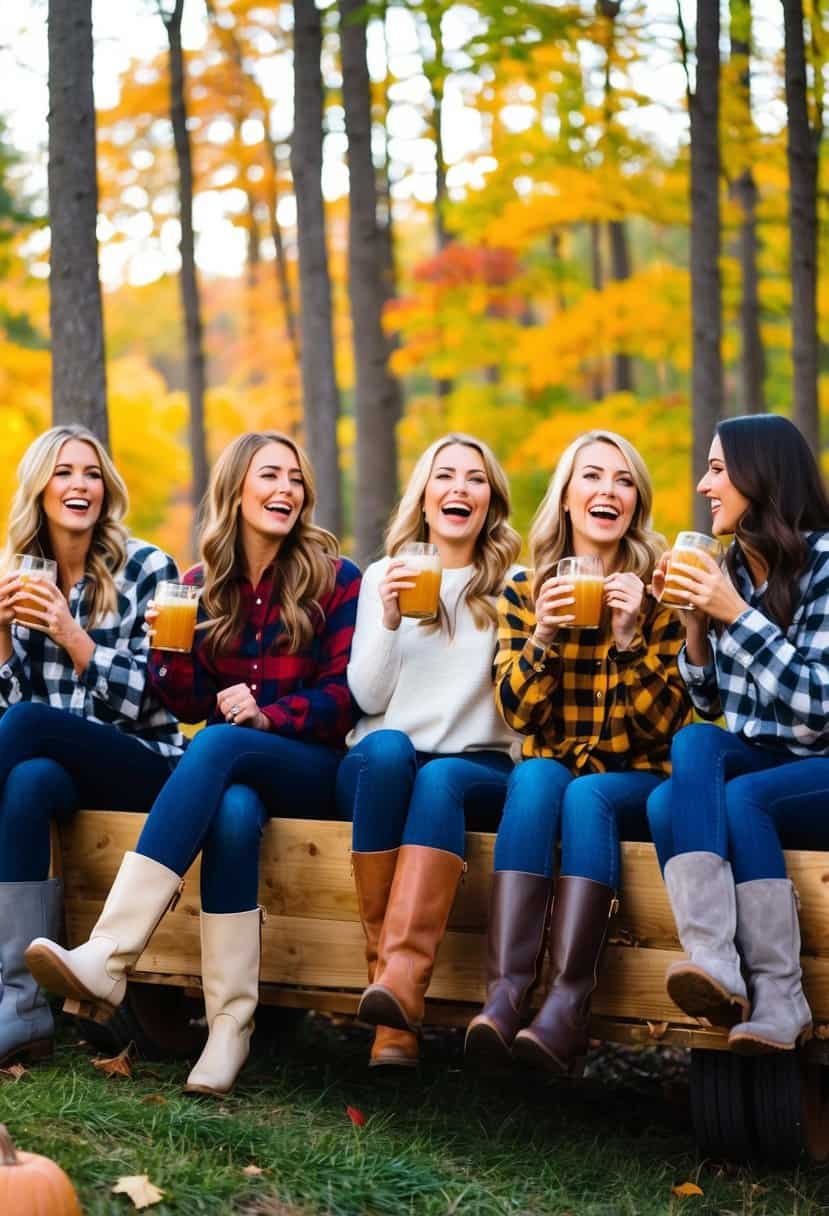 A group of women in flannels and boots enjoy a hayride through a colorful autumn forest, laughing and sipping cider