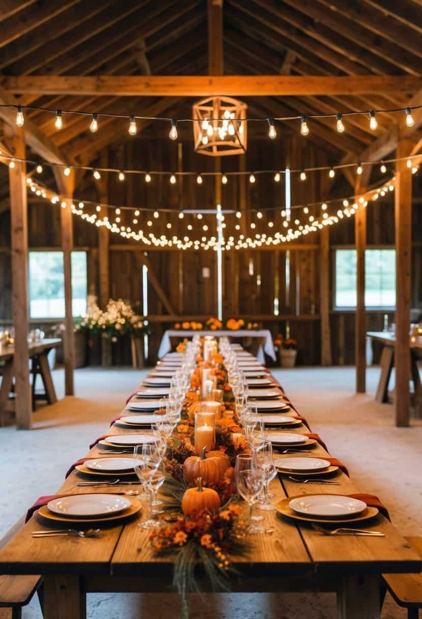 A cozy barn setting with string lights, long wooden tables, and fall-themed decor