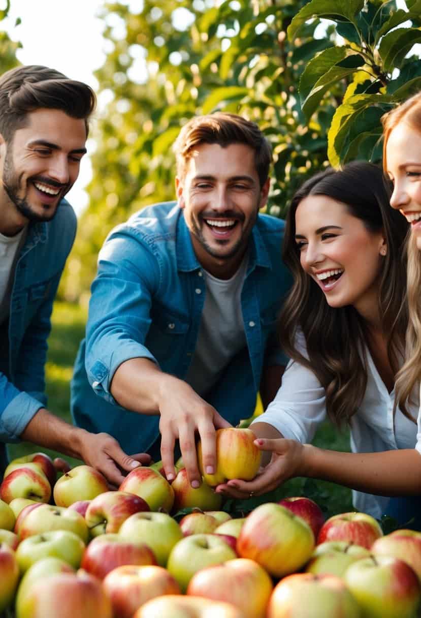 A group of friends laughing and reaching for ripe apples in a sun-dappled orchard