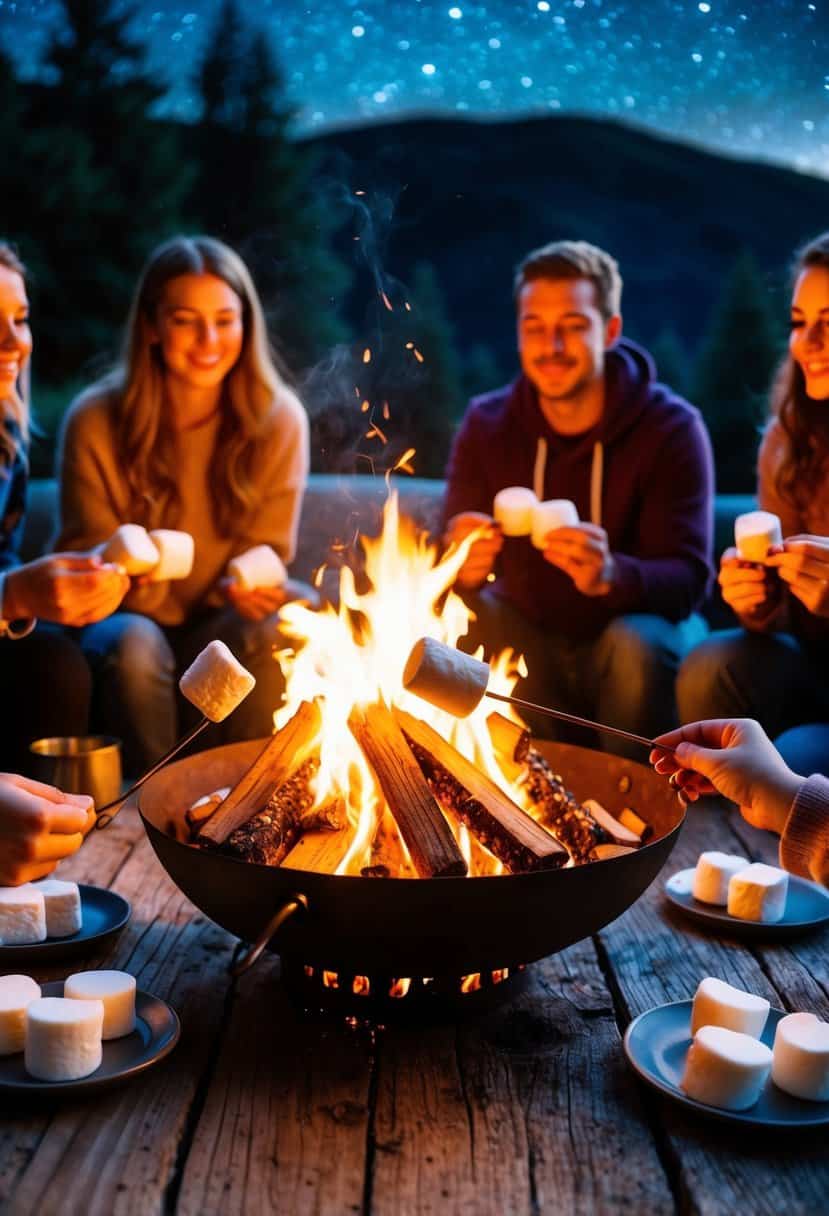 A cozy bonfire surrounded by friends, with marshmallows roasting and s'mores being assembled on a rustic wooden table, set against a backdrop of a starry night sky
