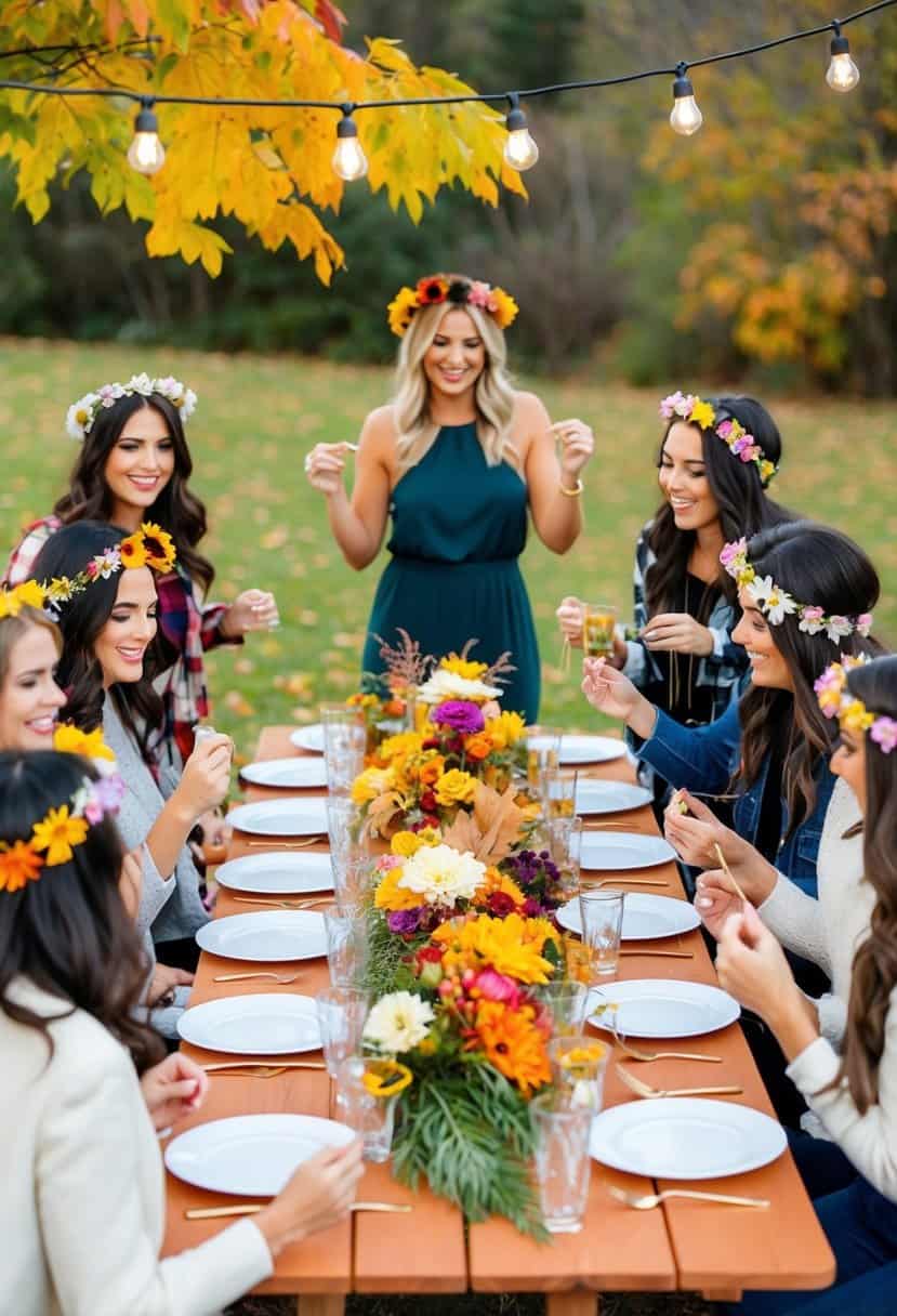 An outdoor picnic table adorned with colorful autumn flowers and foliage, surrounded by happy bachelorette party guests making DIY flower crowns