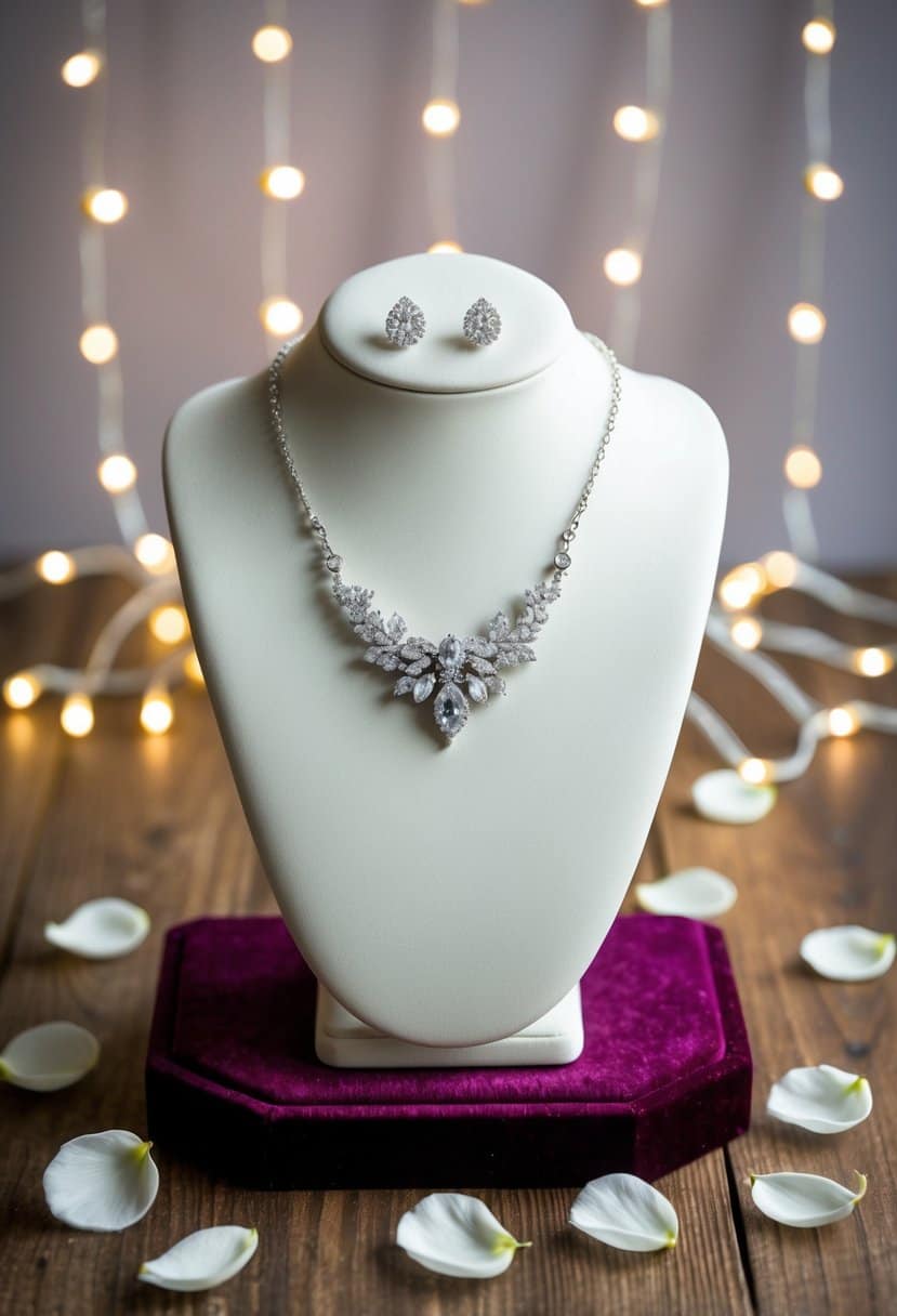 A bride's personalized necklace set displayed on a velvet jewelry stand, surrounded by delicate flower petals and twinkling fairy lights