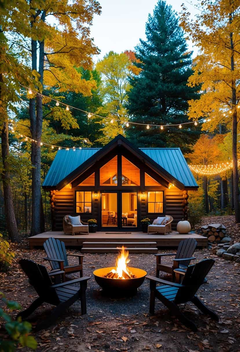 A cozy cabin nestled among colorful autumn trees, with a warm fire pit and twinkling string lights, sets the stage for a serene fall bachelorette retreat
