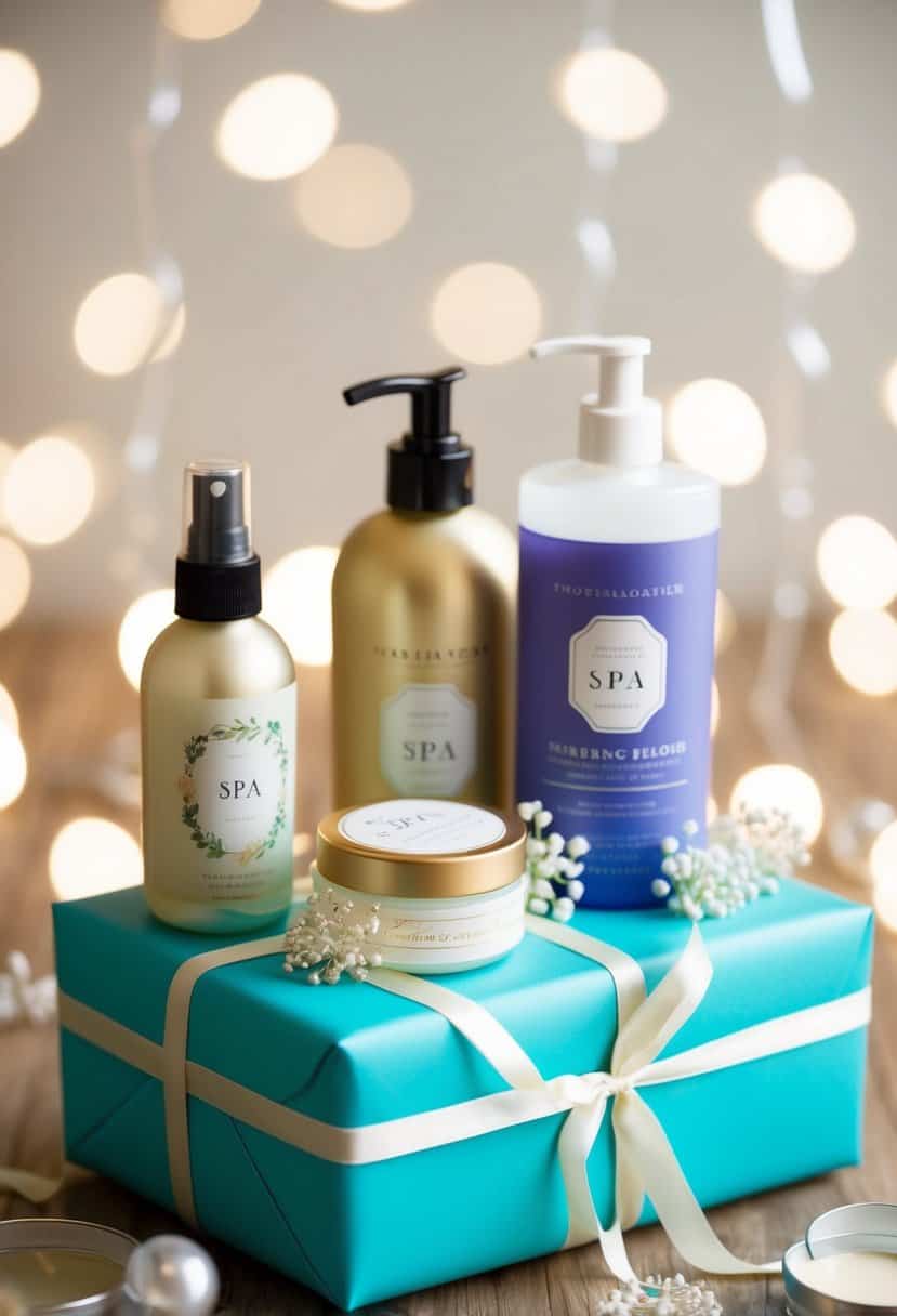 A beautifully wrapped gift box with spa products and elegant wedding-themed decorations