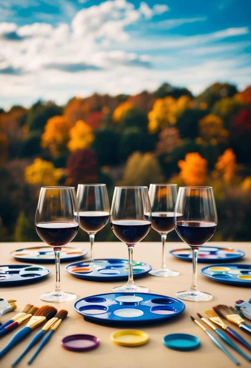 A group of wine glasses and paint palettes arranged on a table, surrounded by colorful paintbrushes and a backdrop of fall foliage