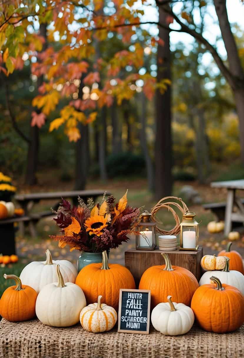 A cozy outdoor scene with colorful leaves, pumpkins, and rustic decor arranged for a fall-themed bachelorette party photo scavenger hunt
