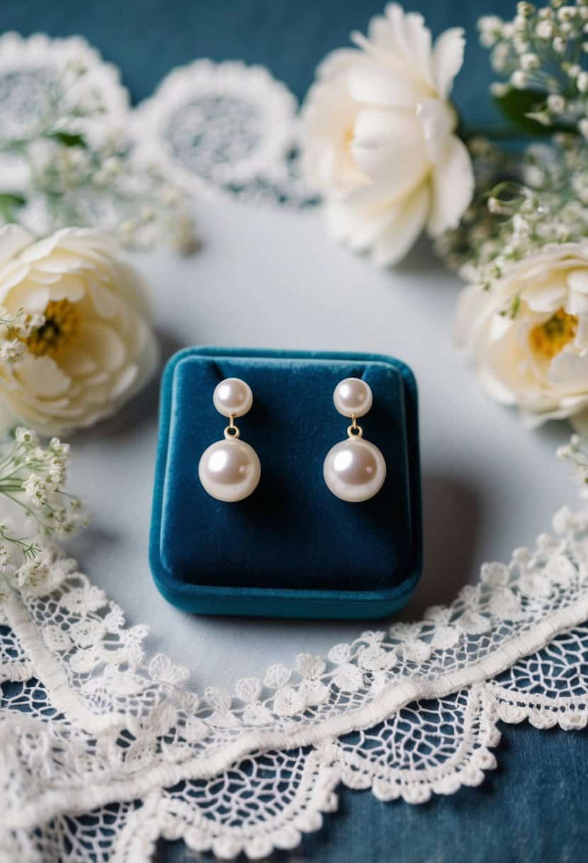 A pair of elegant pearl earrings displayed on a velvet cushion, surrounded by delicate lace and floral accents