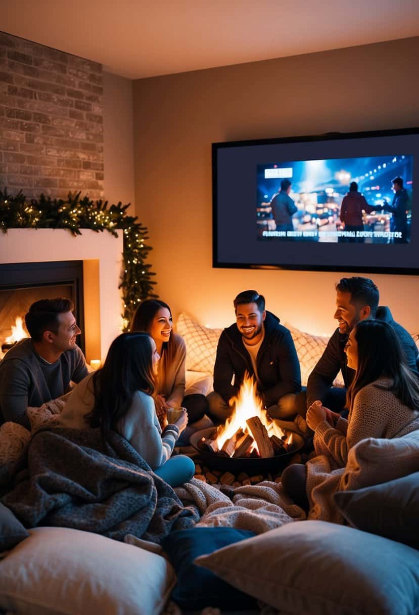 A group of friends gathered around a warm fireplace, surrounded by blankets and pillows, with a big screen showing a movie