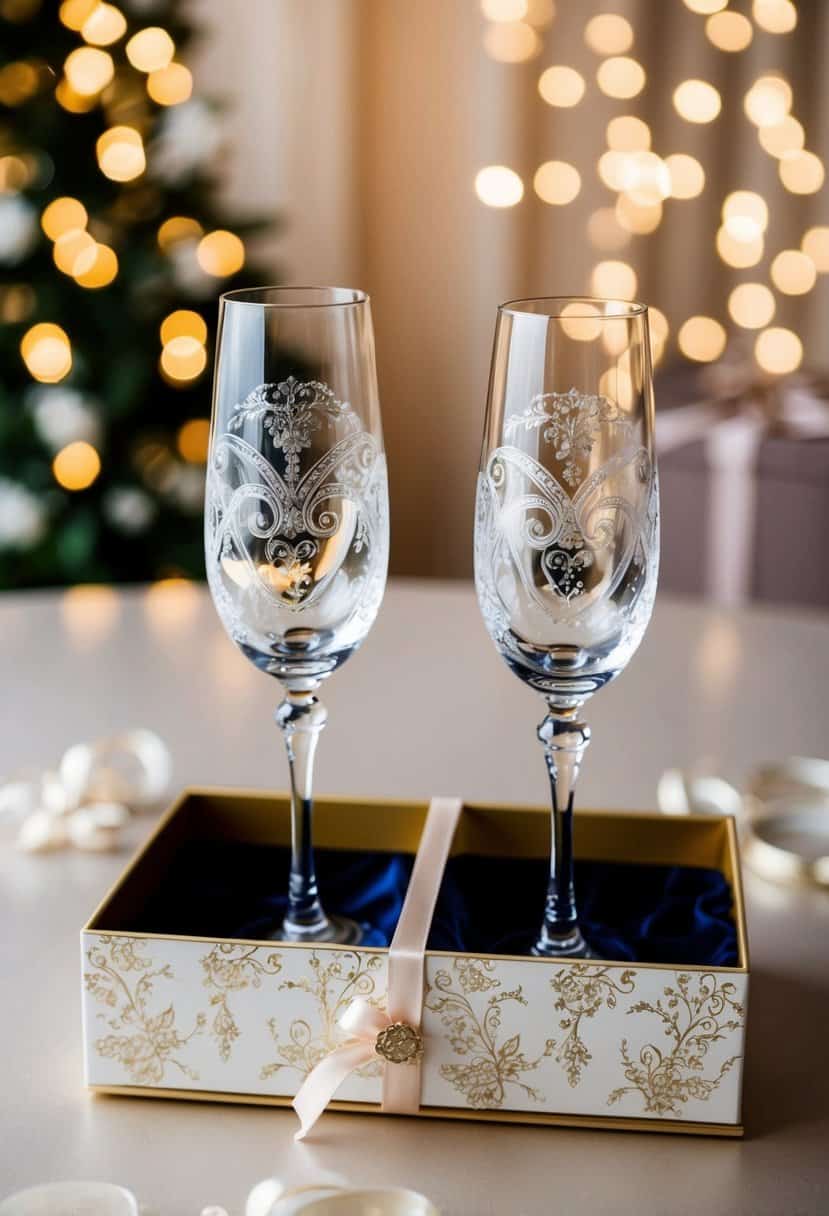 Two elegant champagne flutes with intricate engravings, nestled in a luxurious gift box adorned with delicate wedding motifs