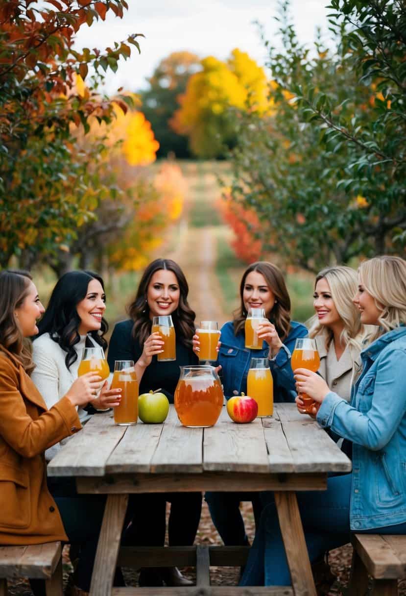 A group of women gather around a rustic wooden table, sipping on various types of cider in an outdoor orchard setting, surrounded by colorful autumn foliage