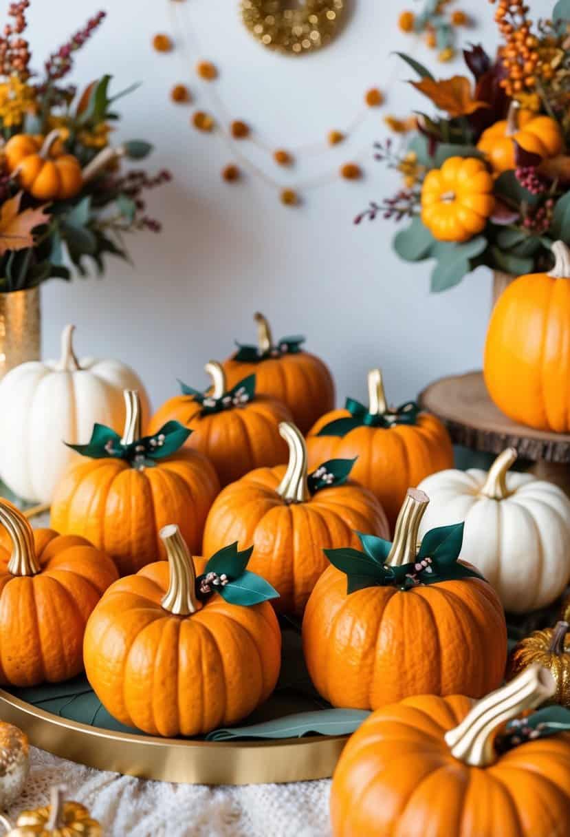 Mini pumpkins arranged with fall foliage and ribbon, surrounded by festive decor for a bachelorette party