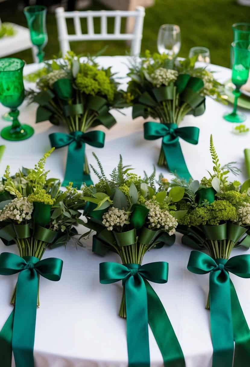 Several hunter green ribbon-wrapped bouquets arranged on a table, with various green wedding decor surrounding them