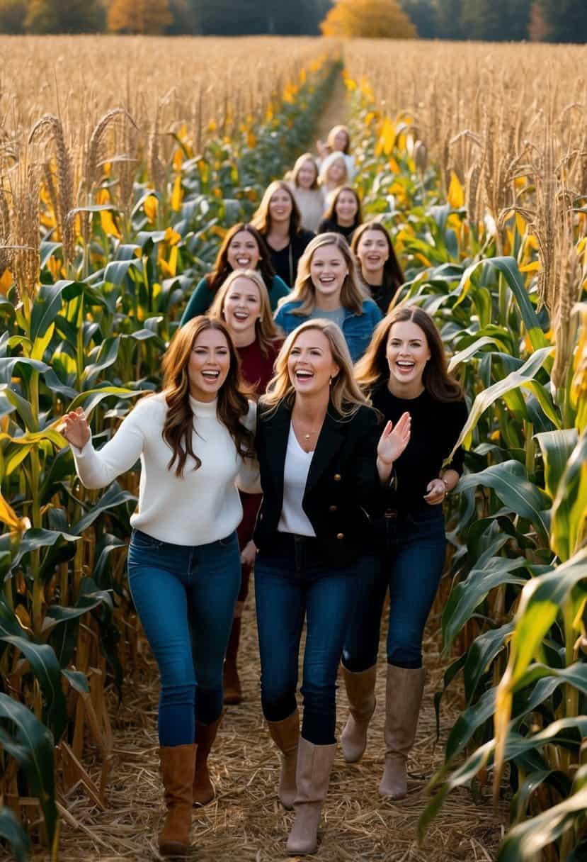 A group of women laugh and navigate through a sprawling corn maze, surrounded by golden stalks and autumn foliage