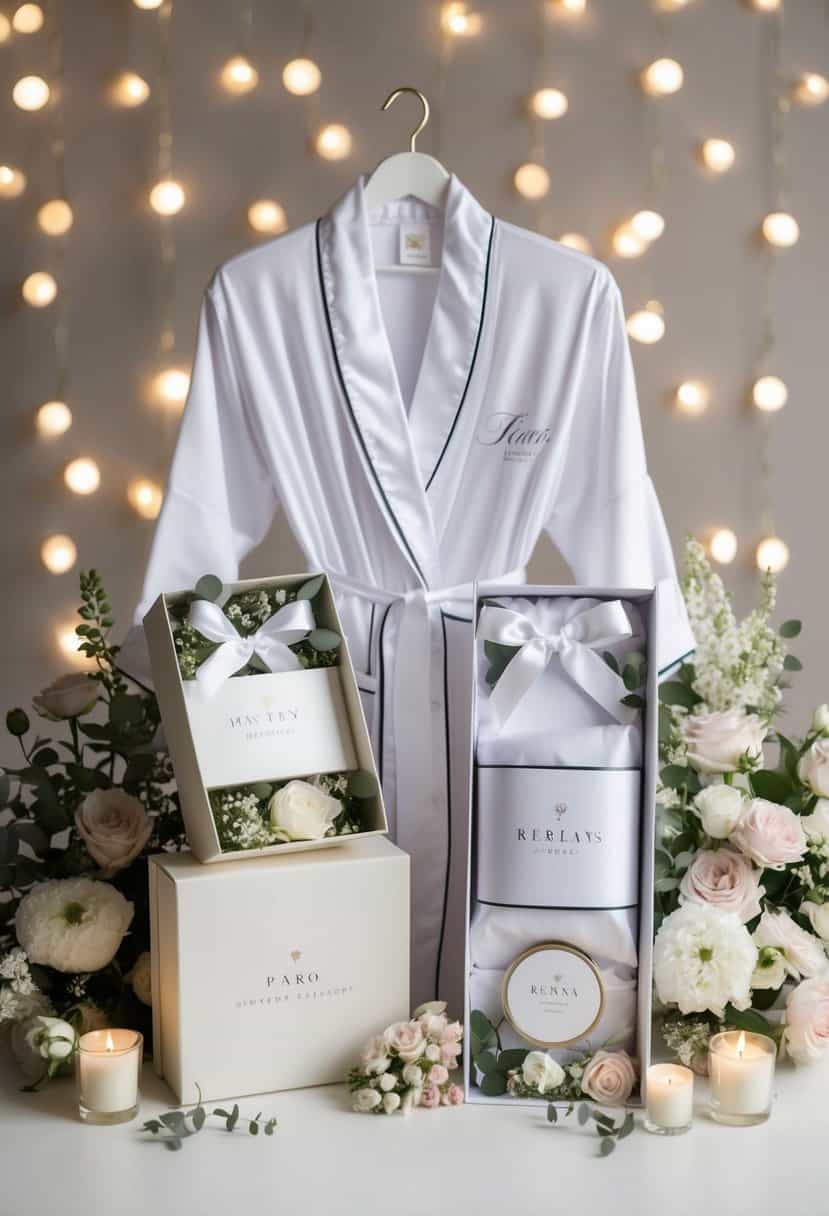 A personalized robe set displayed with elegant packaging and delicate details, surrounded by floral arrangements and soft lighting