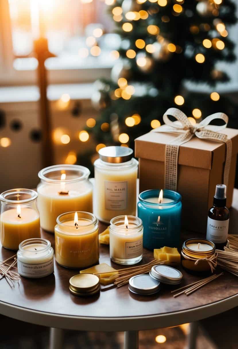 A table with assorted candle-making supplies: wax, wicks, jars, and various scents. A ribbon-tied gift box nearby