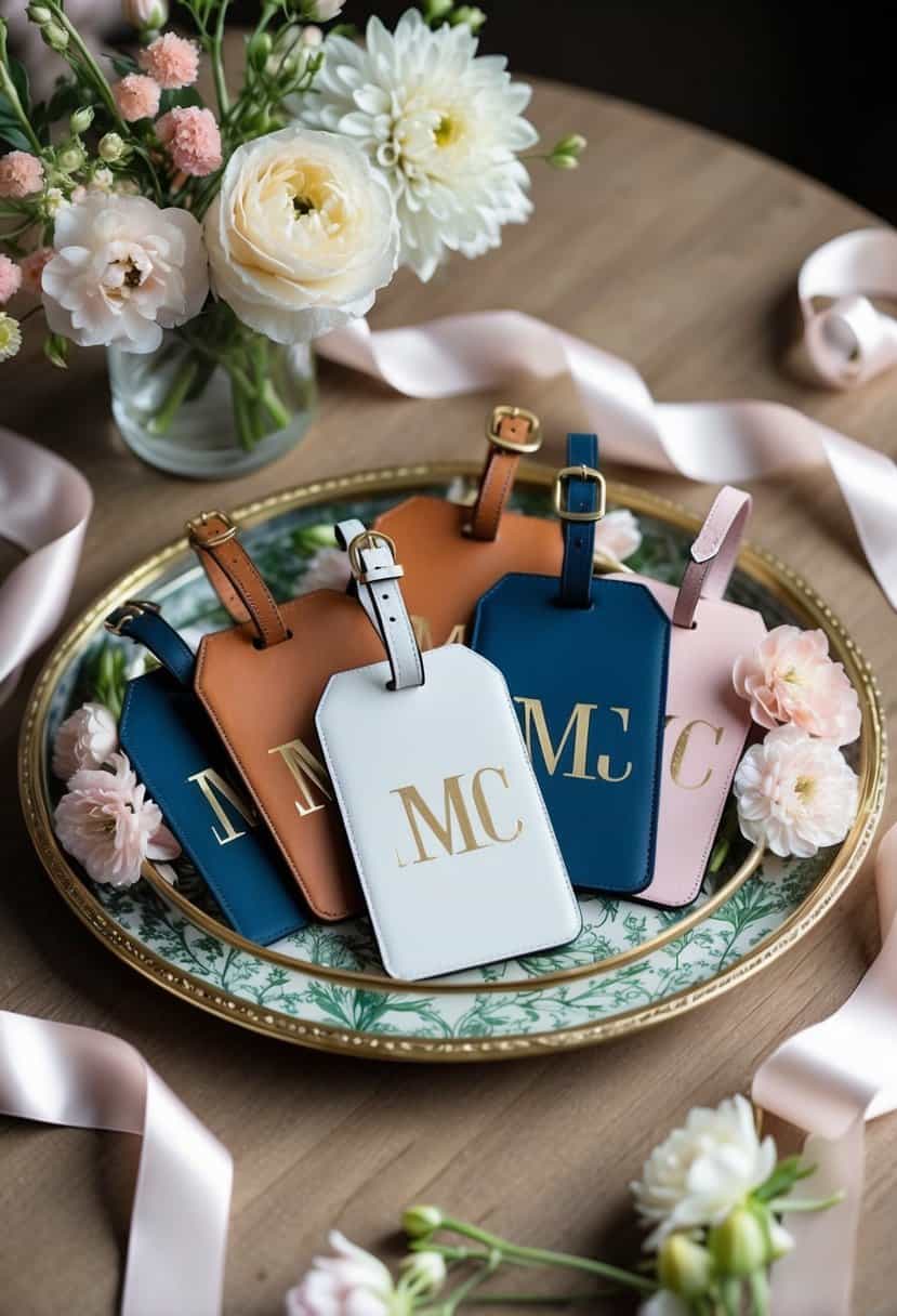 A set of monogrammed luggage tags displayed on a decorative tray, surrounded by delicate flowers and elegant ribbons