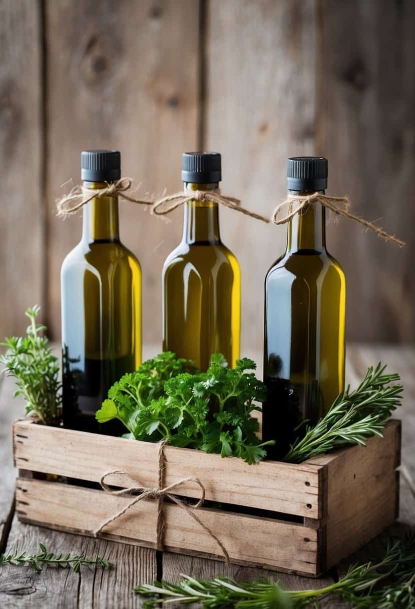 A rustic wooden crate holds three artisanal olive oil bottles surrounded by fresh herbs and tied with twine