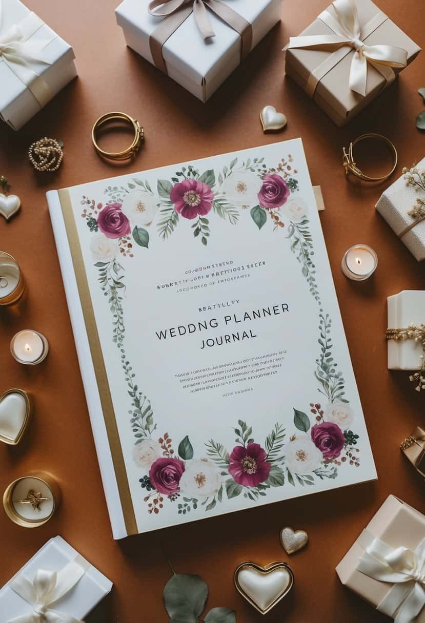 A beautifully decorated wedding planner journal surrounded by elegant wedding accessories and gifts
