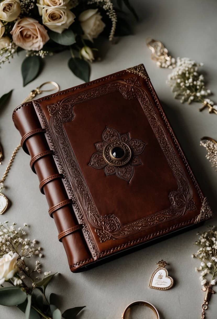 A leather photo album with intricate handcrafted details, surrounded by delicate wedding accessories