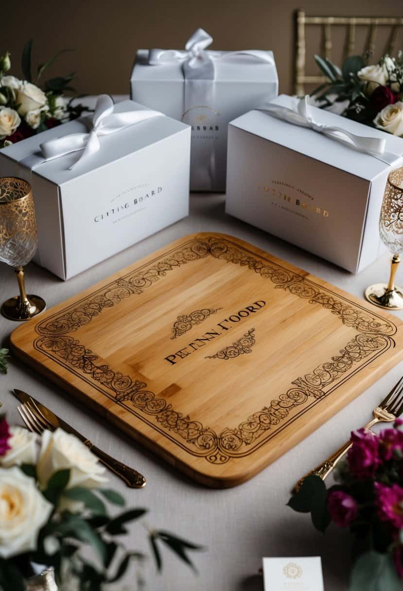 A personalized cutting board with intricate designs, surrounded by elegant packaging and wedding decor