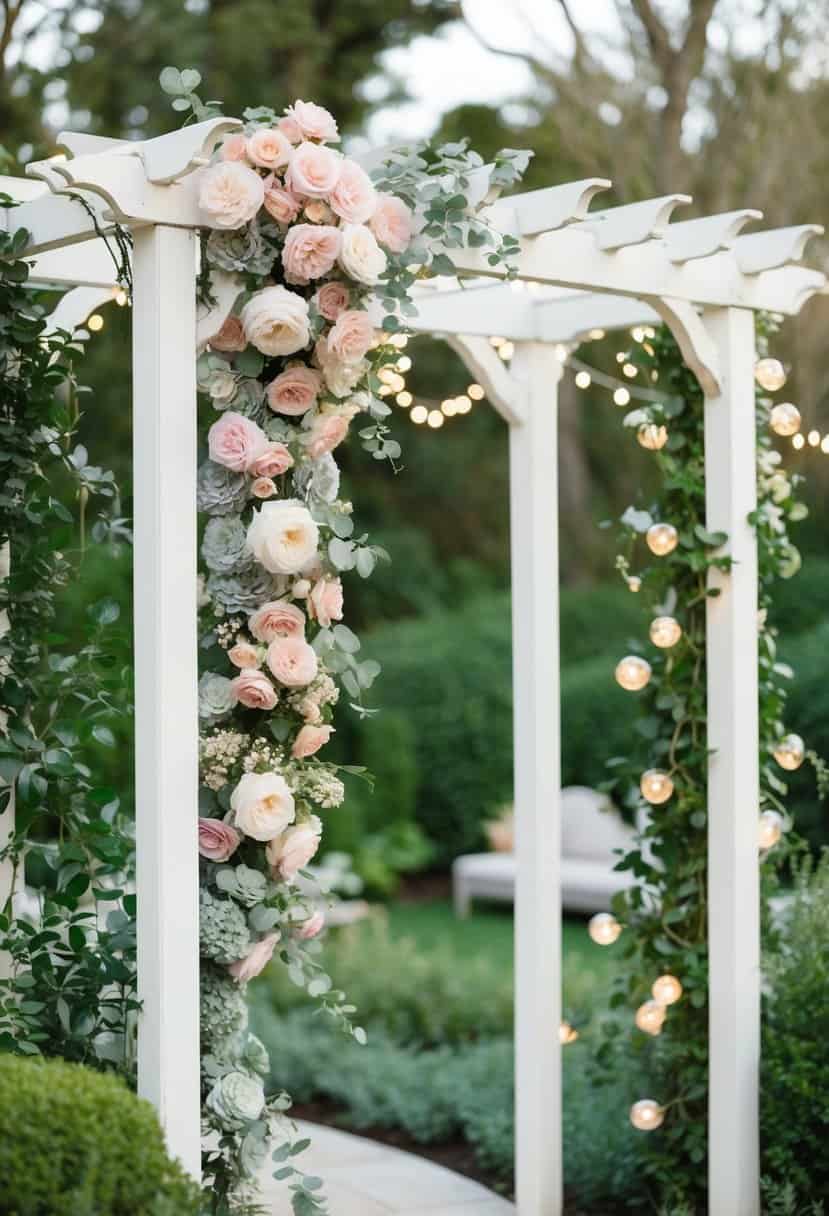 A serene garden with blush and sage florals cascading from a white trellis, surrounded by soft greenery and delicate fairy lights