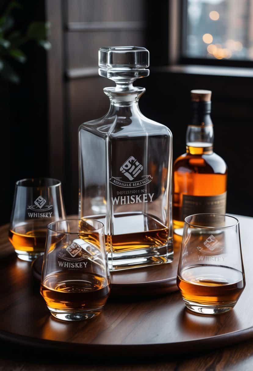 A whiskey decanter set with custom engraving sits on a wooden table, surrounded by two matching glasses and a bottle of whiskey