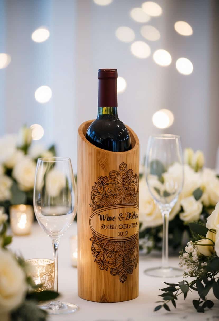 A wooden wine bottle holder with intricate engravings, surrounded by elegant wedding decor