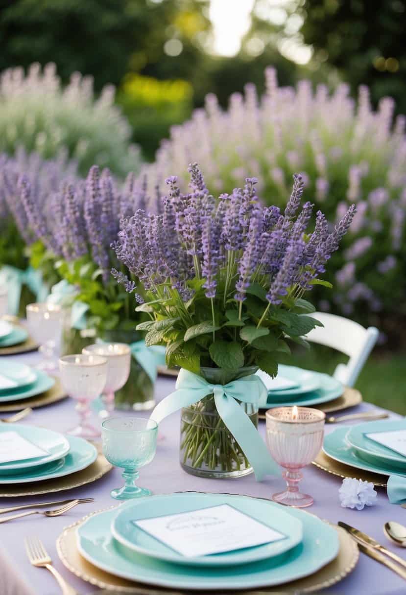 A garden filled with lavender and mint blooms, adorned with delicate ribbons and table settings in coordinating pastel hues