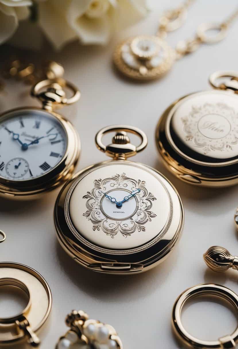 A close-up of an engraved pocket watch surrounded by elegant wedding accessories