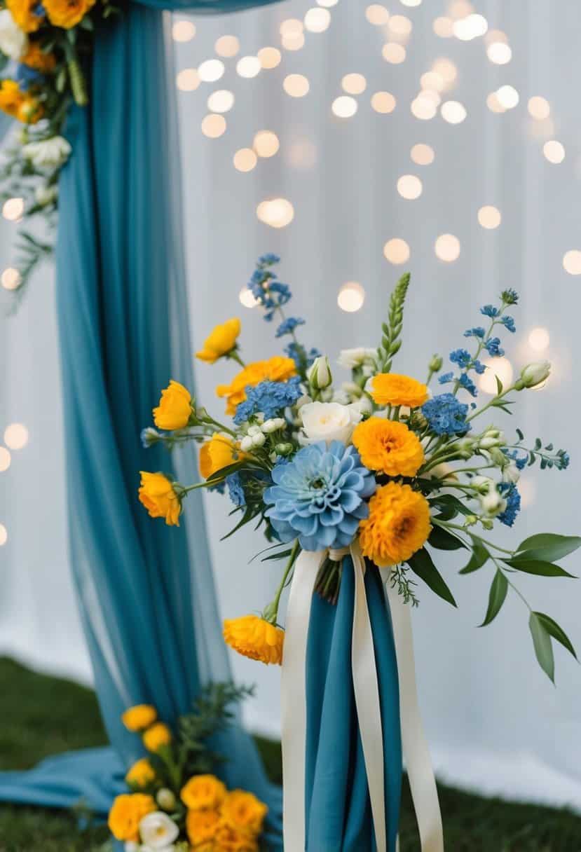 A dusty blue and marigold spring wedding scene with blooming flowers and a flowing ribbon decor