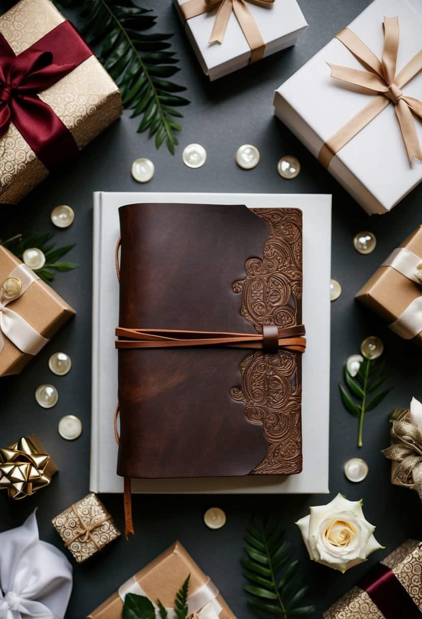 A custom leather journal with wedding motifs surrounded by elegant gift packaging