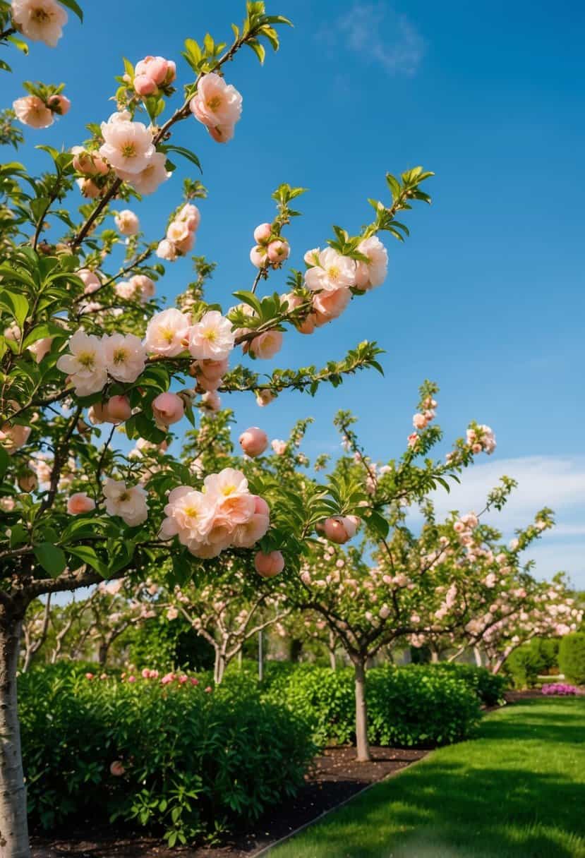 A lush garden with peach blossoms and green foliage, set against a clear blue sky