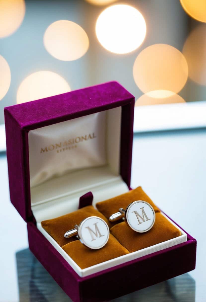 A pair of monogrammed cufflinks displayed on a velvet cushion within an elegant gift box