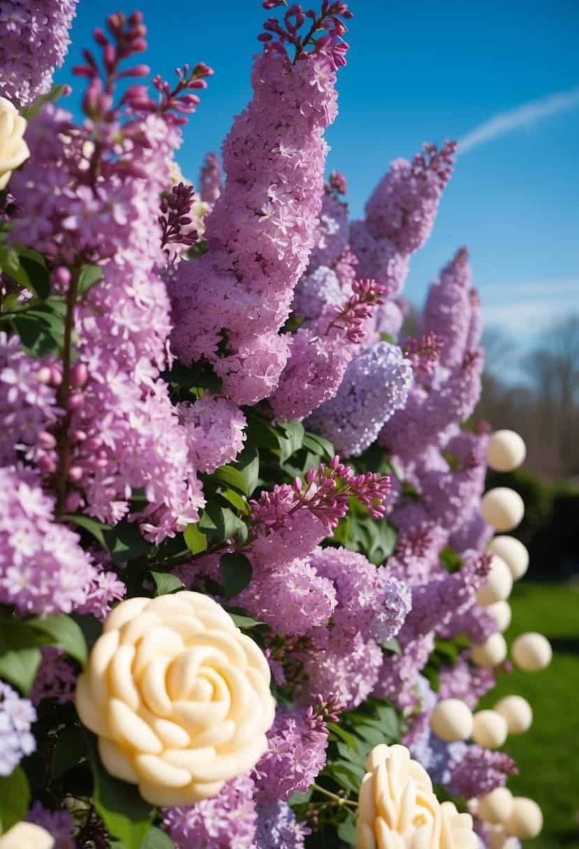 A garden filled with blooming lilac flowers and creamy buttercream-colored decorations, set against a bright spring sky