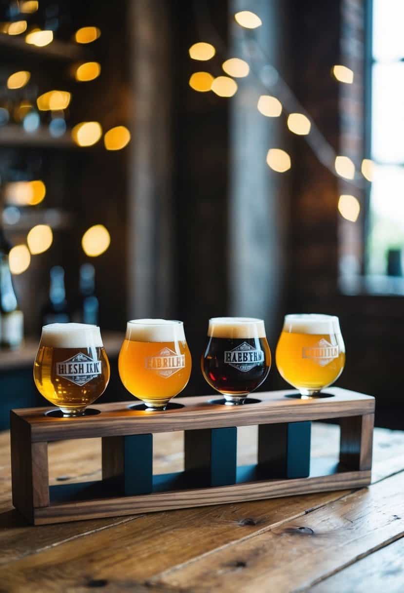 A wooden beer flight set with four unique glasses, displayed on a rustic table for a wedding gift