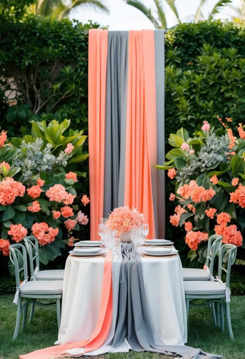 A lush garden with coral and grey flowers, a flowing grey and coral ribbon backdrop, and a table set with coral and grey decor