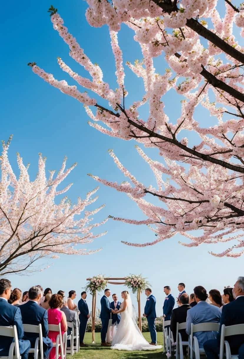 A clear blue sky with soft pink cherry blossoms in full bloom, surrounding a serene outdoor wedding ceremony