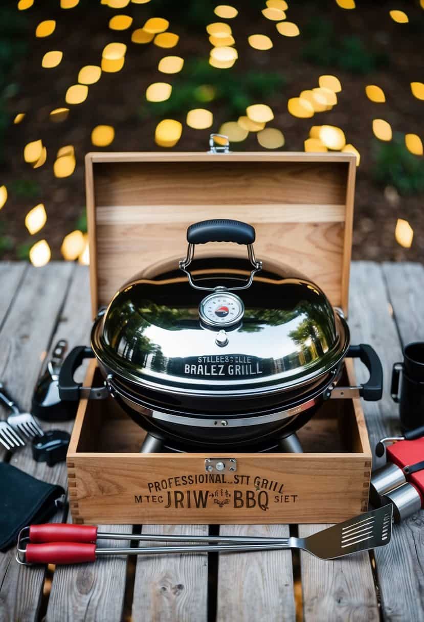 A sleek stainless steel BBQ grill set with personalized engraving, nestled in a rustic wooden box, surrounded by grilling tools and accessories