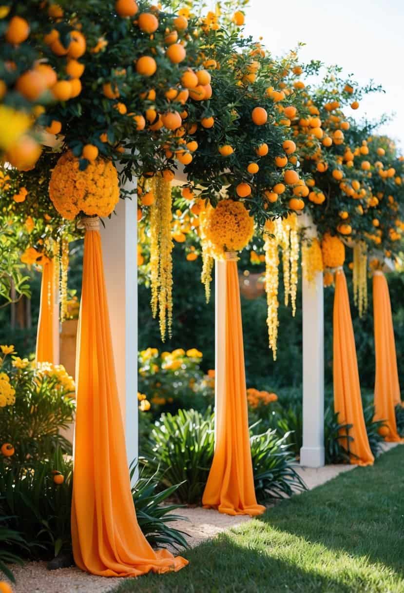 A sunlit garden filled with tangerine and yellow blooms, draped with flowing fabric and adorned with golden accents