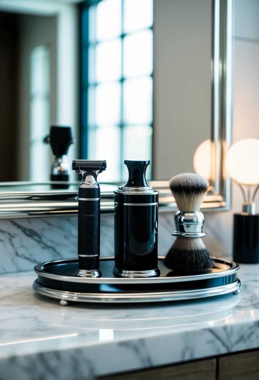A sleek black and silver shaving kit displayed on a marble countertop, with a polished mirror and soft lighting in the background